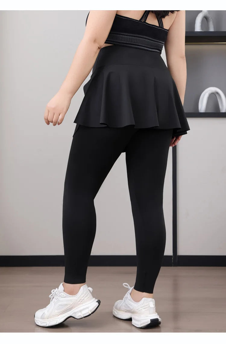Leggings de Yoga faux deux articles, grande taille, 200lb, avec poches, jupe taille haute en peau de requin, pantalon d'entraînement, collants Slim