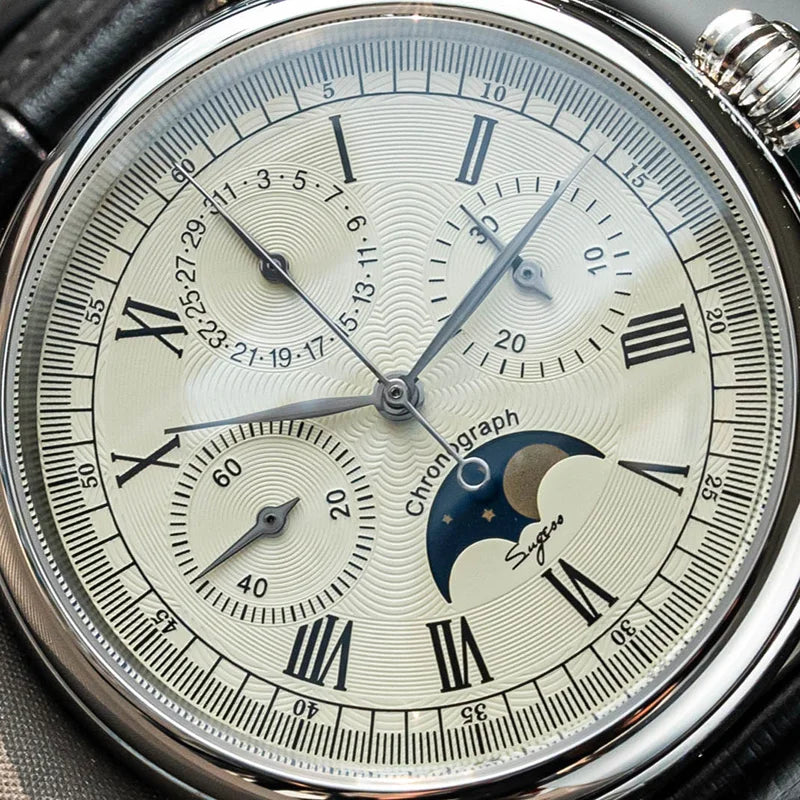 Sugess – montre-bracelet pour hommes, ST1908, mouvement à col de cygne, chronographe mécanique, véritable calendrier de phase de lune, cuir Vintage, nouveau 2026