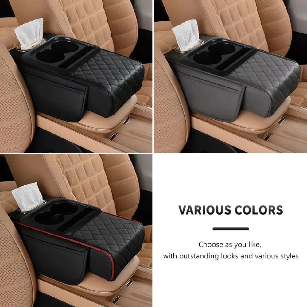 Coussin d'accoudoir de Console centrale automatique, avec 2 porte-gobelets, coussin d'accoudoir en cuir PU, housse d'oreiller Portable pour accoudoir de voiture, coussin de hauteur