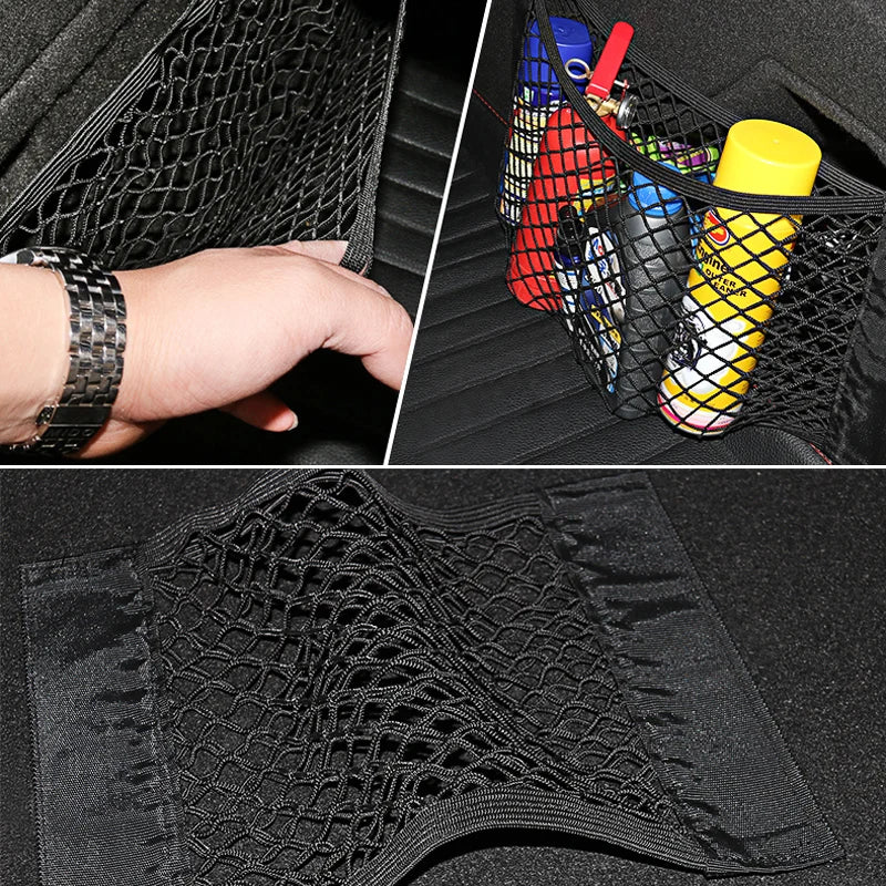 Filet de rangement pour coffre arrière de voiture, filet en maille pour siège, corde élastique, autocollant magique, sac de rangement universel, organisateur de poche pour voiture