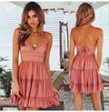 Robe plissée élégante et tendance, couleur unie, avec décolleté dos nu, ornée de fleurs ajourées et de bretelles en dentelle, idéale pour les vacances à la plage
