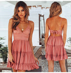 Robe plissée élégante et tendance, couleur unie, avec décolleté dos nu, ornée de fleurs ajourées et de bretelles en dentelle, idéale pour les vacances à la plage