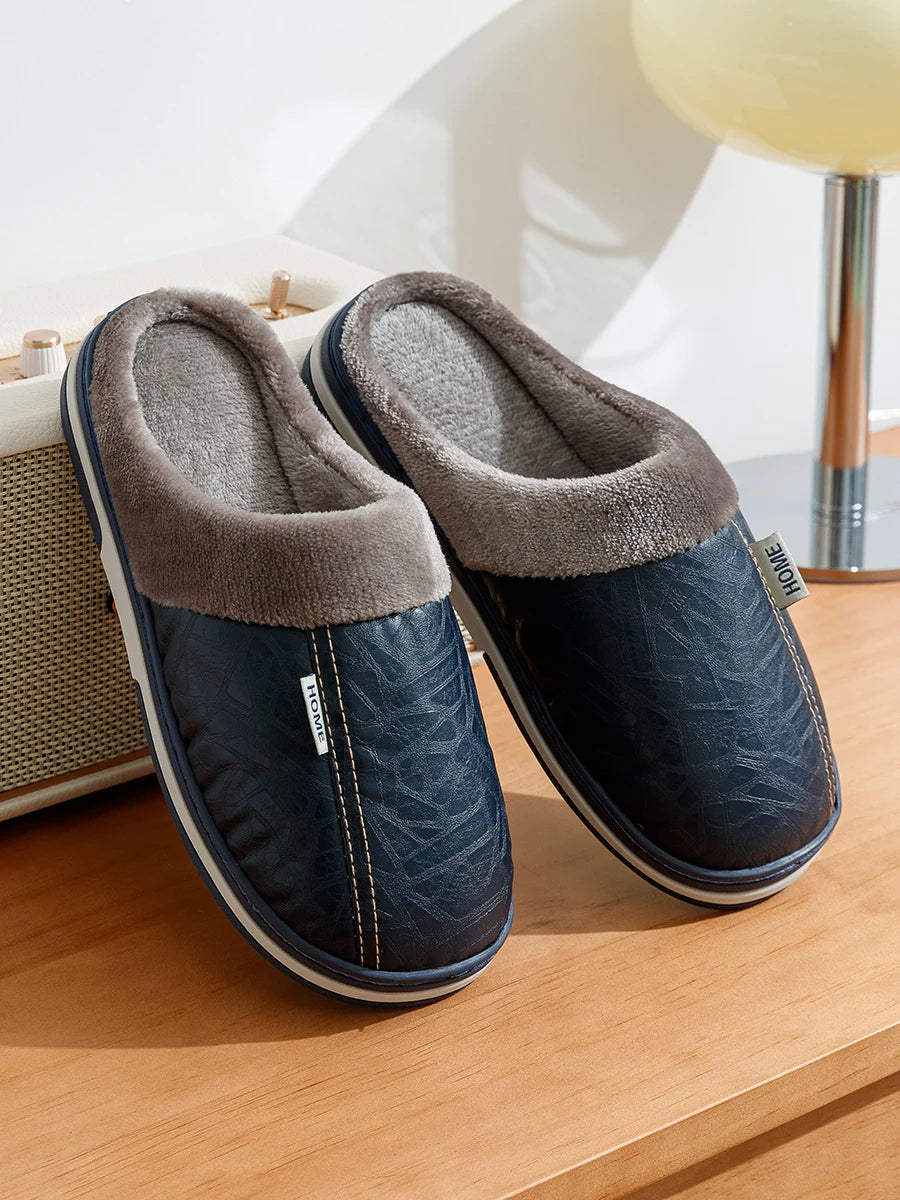 Grande taille hiver décontracté chaussons pour hommes intérieur imperméable en cuir PU maison chaussures fourrure plat chaud mode chambre Houseshoes