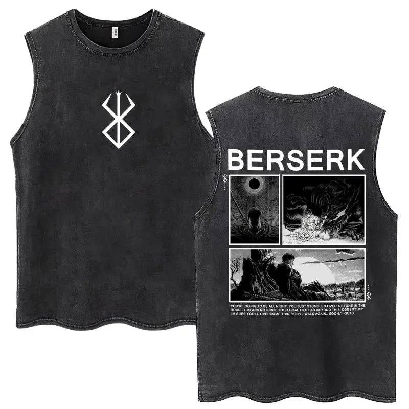 Anime Berserk Guts lavé Harajuku débardeurs rétro Manga Gatsu Griffith Zodd t-shirts sans manches unisexe coton surdimensionné T-Shirt