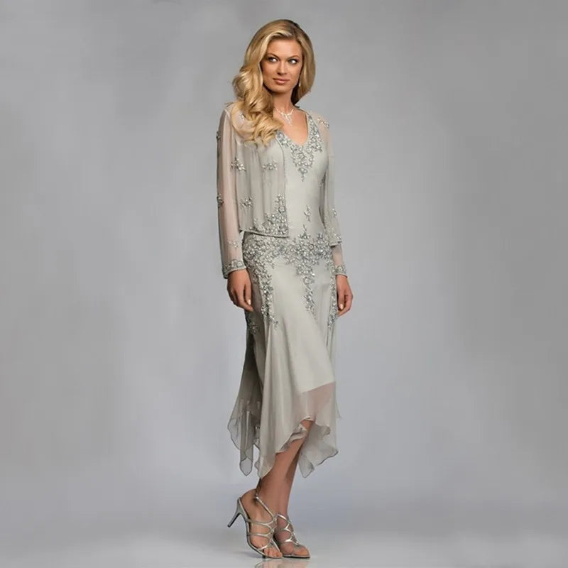 Robe en mousseline de soie pour mère de la mariée, robe élégante personnalisée avec veste, robe d'été extra longue en dentelle pour marraine, robe de soirée de mariage