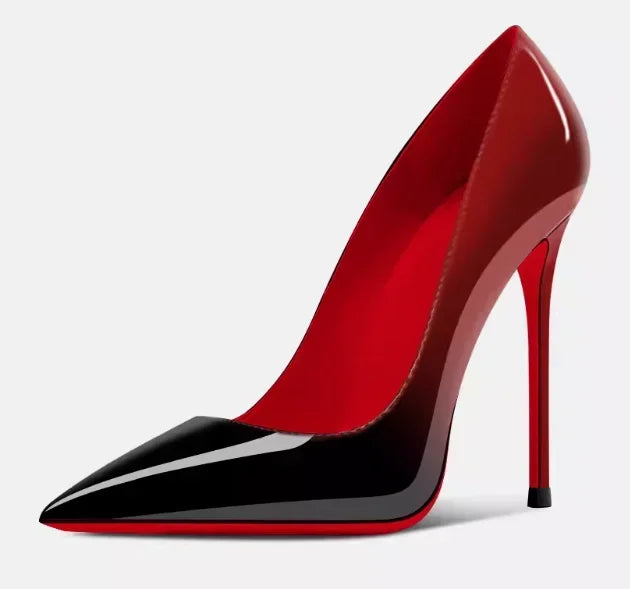 Nouveaux talons hauts noirs pointus de 12cm pour femmes, talons fins avec tempérament sexy, bouche peu profonde, chaussures simples à semelle rouge 34-46