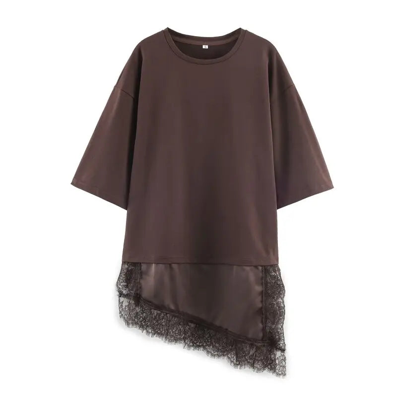 T-shirt asymétrique à manches mi-longues pour femmes, avec garniture en dentelle, pour la rentrée scolaire, tenue décontractée quotidienne, haut polyvalent à la mode, 4 couleurs