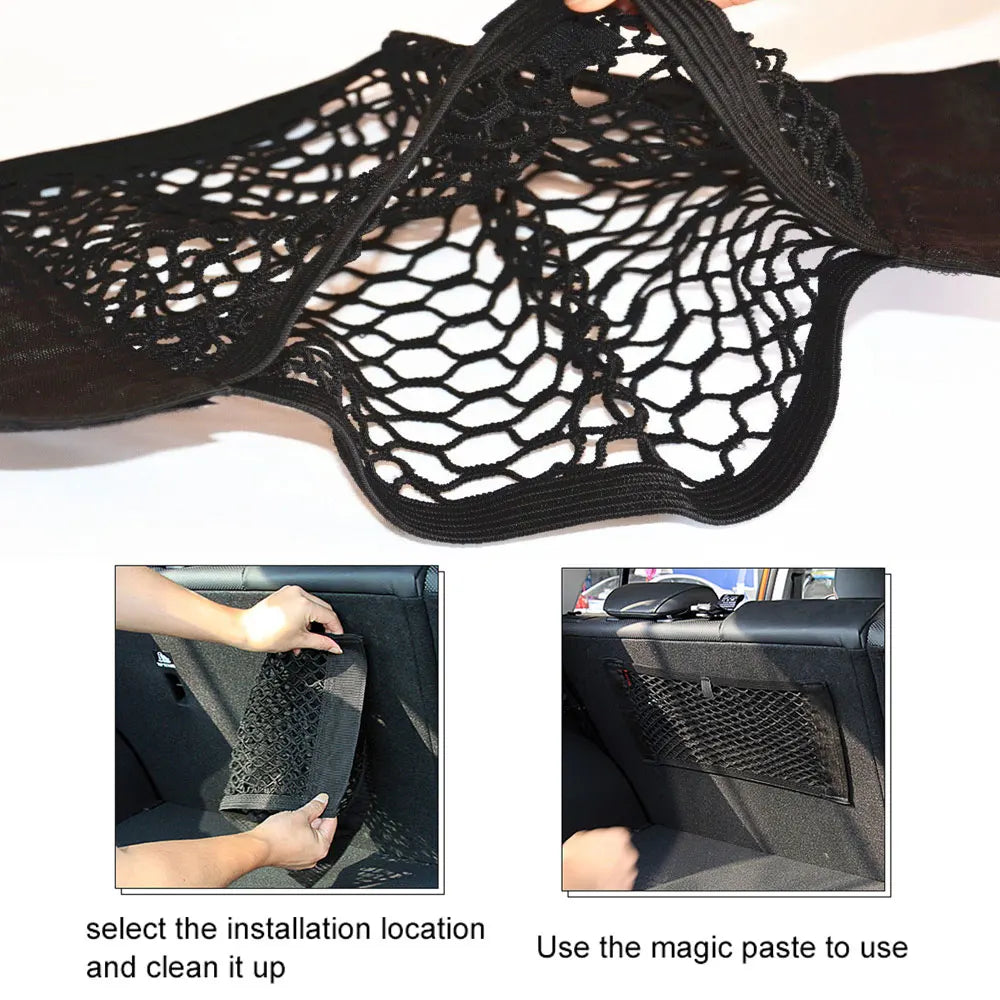Filet de rangement pour coffre arrière de voiture, filet en maille pour siège, corde élastique, autocollant magique, sac de rangement universel, organisateur de poche pour voiture