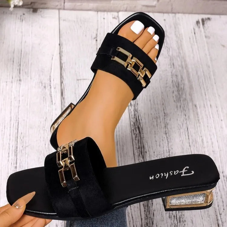 Sandales décontractées pour femmes printemps et été, sandales unisexes à la mode avec boucle en métal bohème, chaussures de plage, sandales polyvalentes à talons chaton, vacances, fêtes, vêtements de travail quotidi