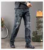 Jeans multi-poches coupe droite pour hommes, vêtements de travail à jambes larges en plein air, grande taille, 42, 44, nouveaux styles, automne et hiver