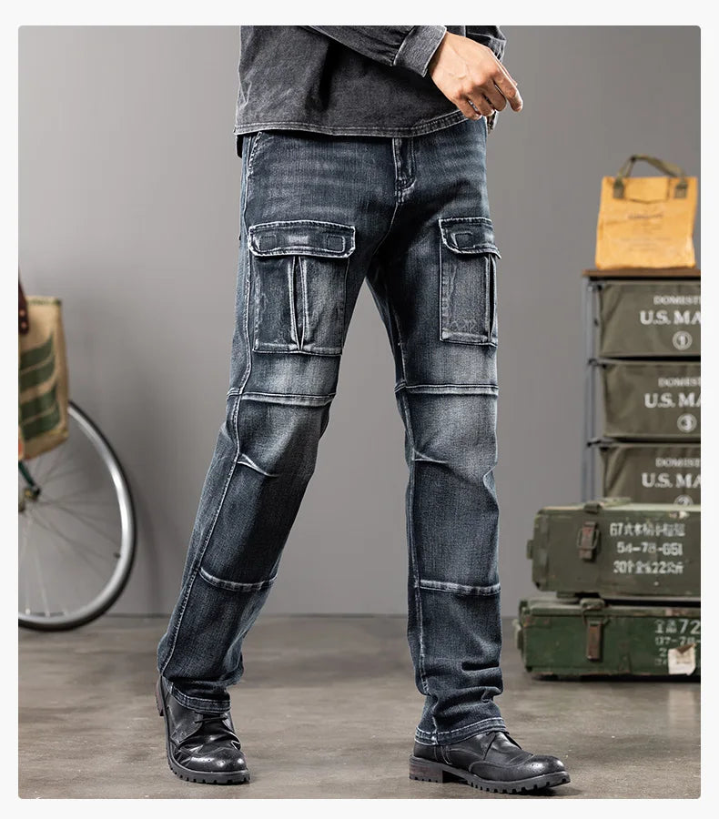 Jeans multi-poches coupe droite pour hommes, vêtements de travail à jambes larges en plein air, grande taille, 42, 44, nouveaux styles, automne et hiver