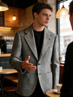 Blazer Homme Slim Fit en Mélange de Laine à Carreaux Pied-de-Poule, Veste Décontractée à Deux Boutons avec Revers Cranté, Idéal pour Tenues Professionnelles et Formelles