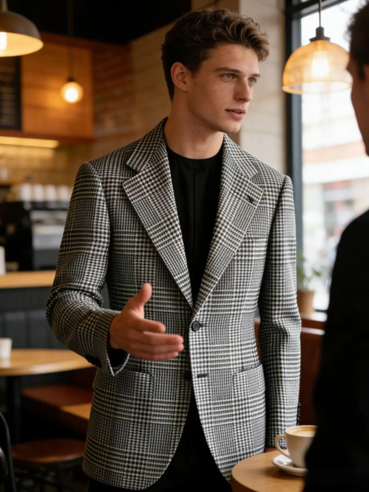 Blazer Homme Slim Fit en Mélange de Laine à Carreaux Pied-de-Poule, Veste Décontractée à Deux Boutons avec Revers Cranté, Idéal pour Tenues Professionnelles et Formelles