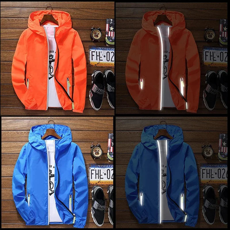 Veste fine réfléchissante de film pour hommes, coupe-vent à capuche, veste de sport de pilote, veste de pilote de vélo de plage