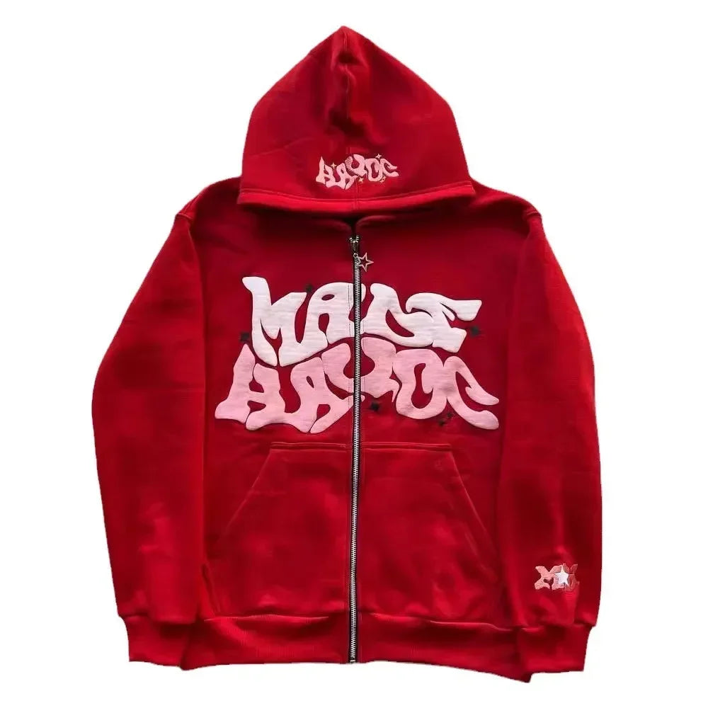 Sweat-shirt à capuche avec fermeture éclair et lettres américaines rétro, adapté aux hommes et aux femmes portant une veste Y2K, cardigan automne/hiver