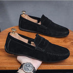 Mocassins en daim bleu pour hommes, chaussures de conduite plates respirantes, mocassins souples à enfiler, chaussures décontractées en cuir faites à la main, printemps et été