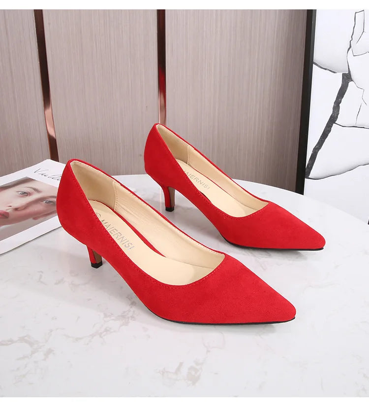 Femmes daim chaussures simples 5CM mode bout pointu sans lacet talons hauts printemps automne bouche peu profonde pompes à talons aiguilles grande taille 45 46