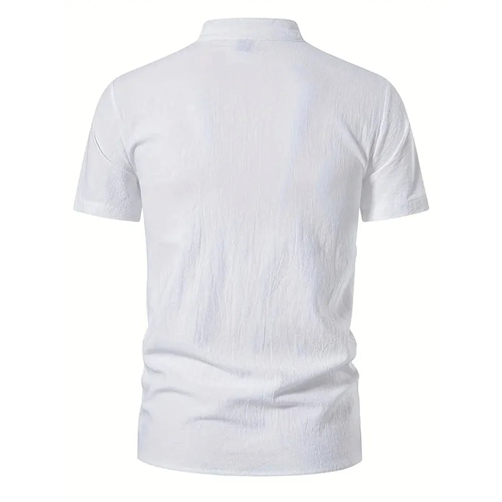 Chemise rétro à manches courtes pour hommes, en coton et lin, légère, respirante, couleur unie, hauts à la mode, col en v Pirate, chemises élégantes pour hommes