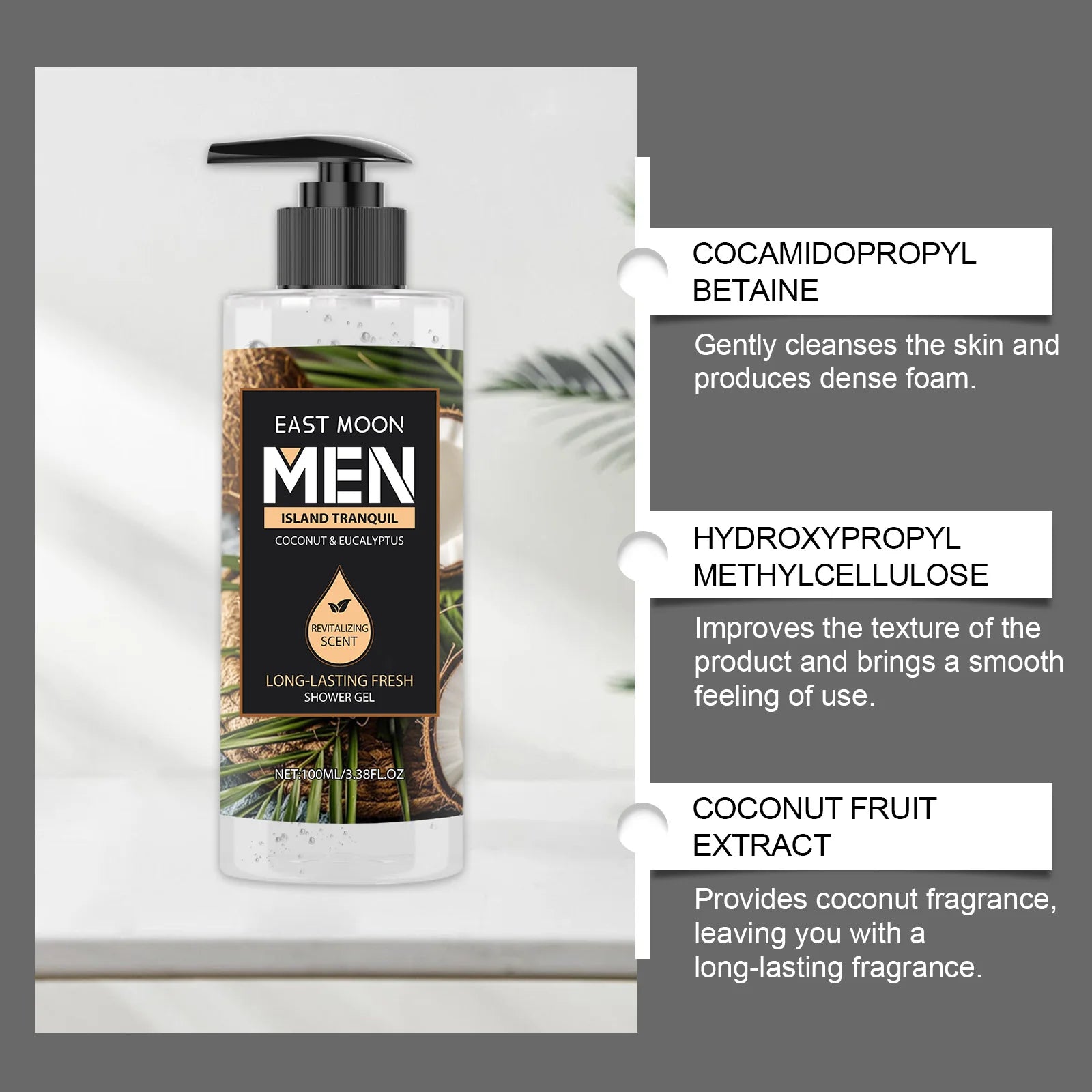 Gel douche nettoyant en profondeur pour hommes, Eucalyptus, noix de coco, parfum rafraîchissant, parfum longue durée, contrôle de l'huile, 100ml