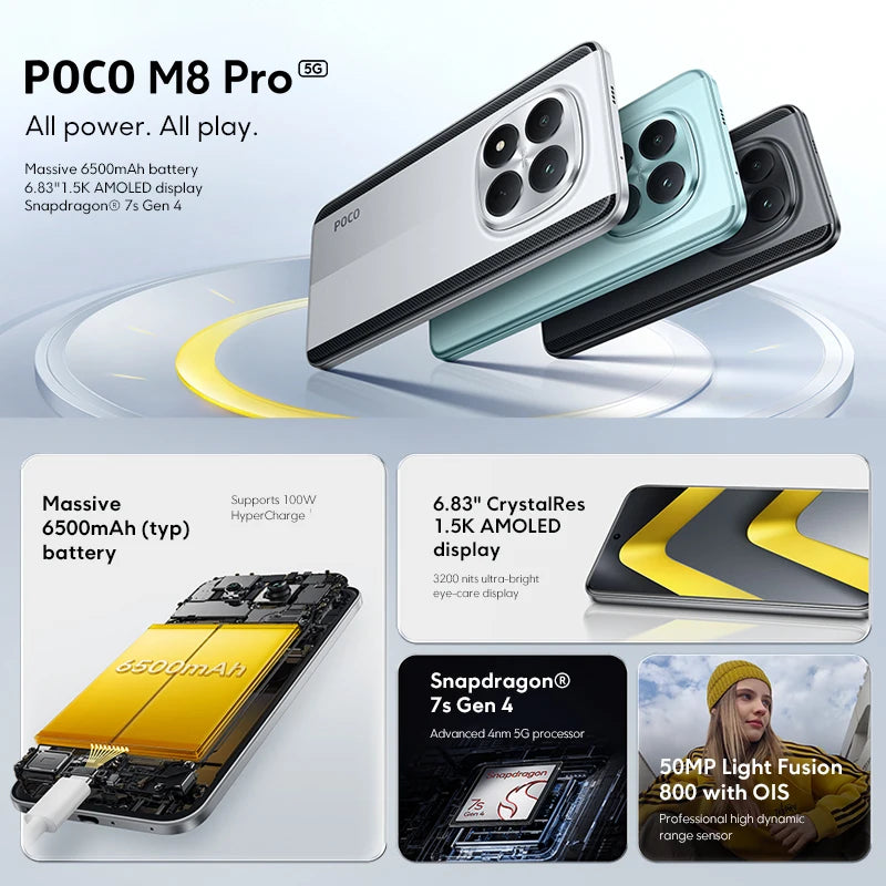 Nouveau smartphone POCO M8 Pro 5G version globale, Snapdragon 7s Gen 4, HyperCharge 100W, 6500mAh, écran 6,83 pouces 1,5K, NFC