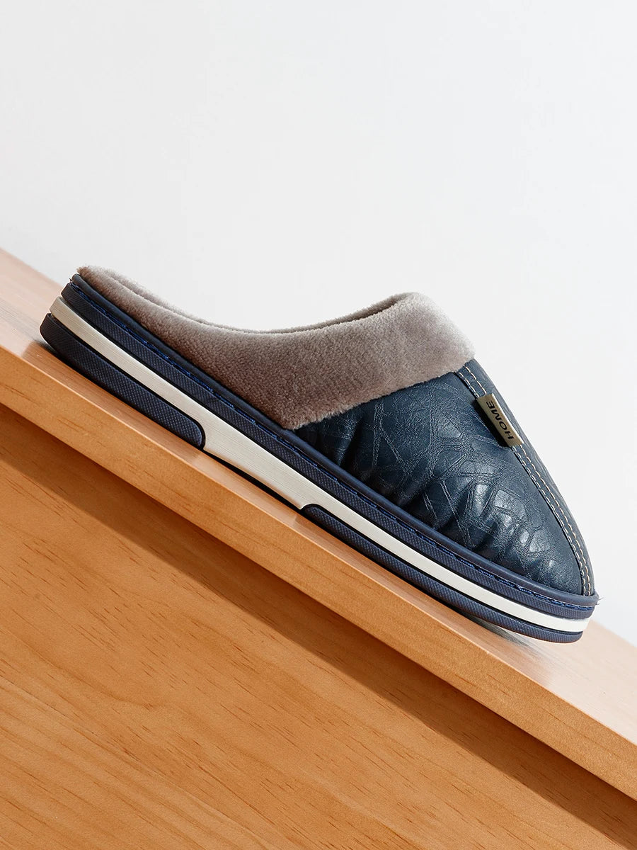 Grande taille hiver décontracté chaussons pour hommes intérieur imperméable en cuir PU maison chaussures fourrure plat chaud mode chambre Houseshoes