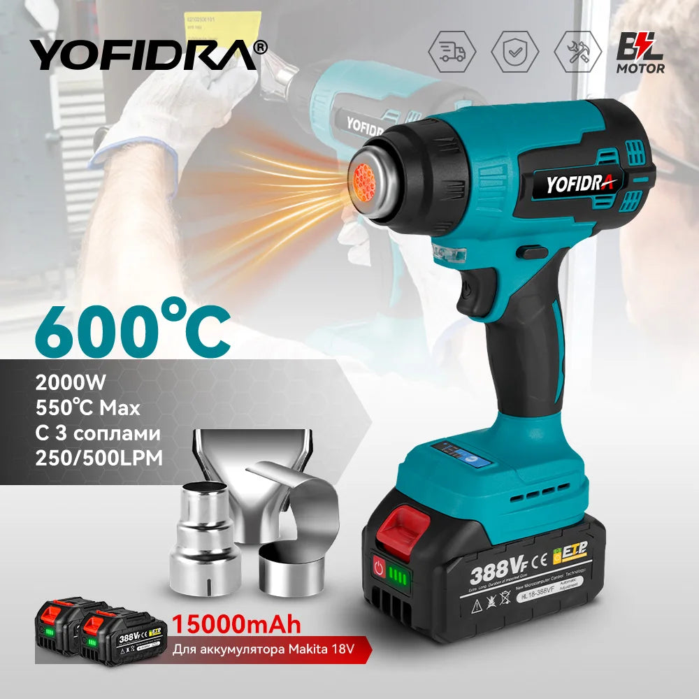 Yofidra 2000W pistolet thermique électrique pistolet à Air chaud portatif sans fil avec 3 buses sèche-cheveux industriel à domicile pour broche de batterie Makita