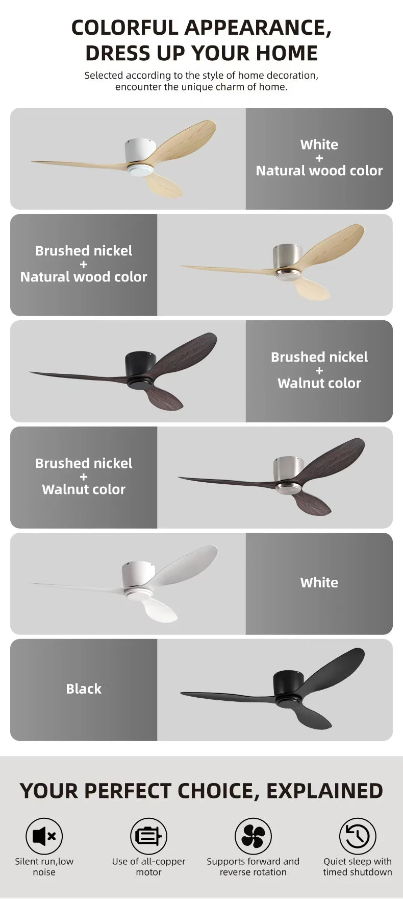 FUMANJIA Ventilateur de plafond CC ultra fin avec télécommande – Silencieux à 6 vitesses, 3 pales ABS, idéal pour les plafonds bas et les espaces minimisés (sans lumière)