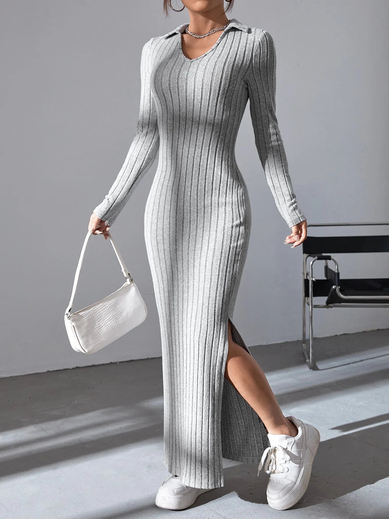 Robe sexy en tricot pour femmes, col en v, col inversé, fendue, manches longues, élastique, pull basique, automne hiver