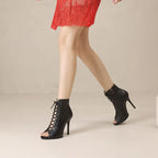 Chaussures de danse à lacets pour femmes, escarpins sexy noirs, talons hauts à tube court, bottes courtes à semelle souple, chaussures spécifiques DN