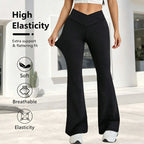 Leggings noirs de printemps taille haute, extensibles, coupe large, légèrement évasés, avec design de taille croisée, pour le sport décontracté, pantalon long