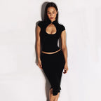 Ahagaga Fashion T-shirt d'été polyvalent pour femme, style club, avec découpe à la poitrine, manches courtes, effet taille cintrée, Y2k, sexy et décontracté