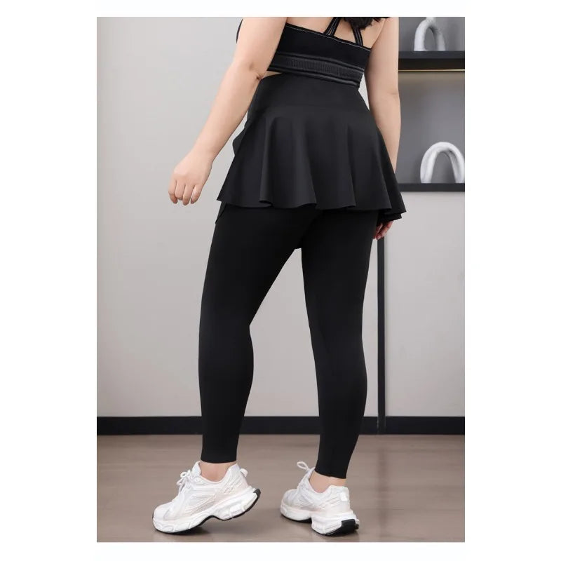 Leggings de Yoga faux deux articles, grande taille, 200lb, avec poches, jupe taille haute en peau de requin, pantalon d'entraînement, collants Slim