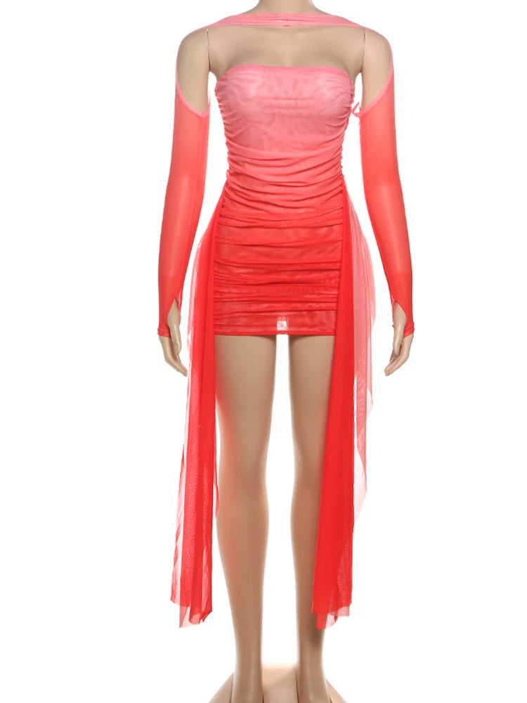 Kliou – Mini robe en maille Simple pour femmes, mode, couleur unie, sans bretelles, rubans, pompon, façonnant le corps, gants à manches longues
