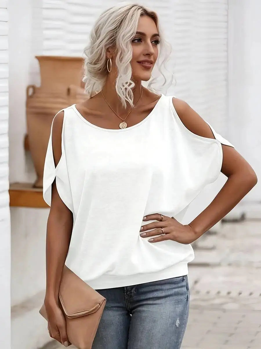T-shirt pour femme à épaules dénudées, manches courtes, en maille douce unie, coupe ample, décontracté, chic, respirant, pour le quotidien, printemps-été