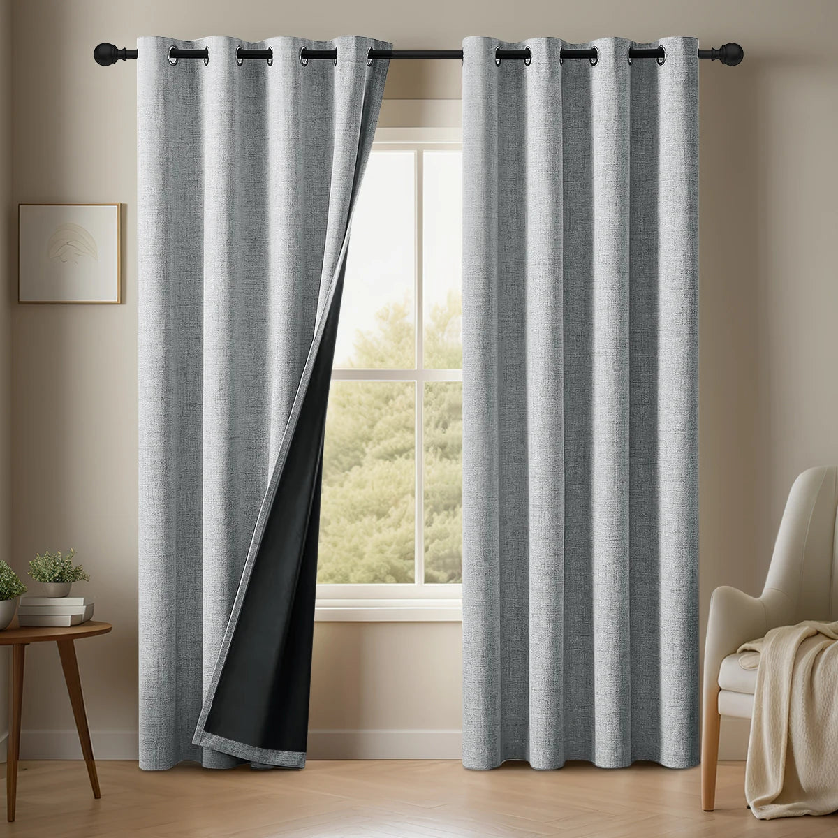 Rideau occultant 100% en lin uni, 2 pièces, couleur unie, livré avec des sangles de rideau, adapté à la décoration du salon et de la chambre à coucher