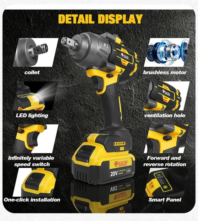 Clé électrique sans balais à couple élevé 1000N · M, clé à chocs de 1/2 pouces, grande Machine-outil de Service pour broche de batterie Dewalt 20V
