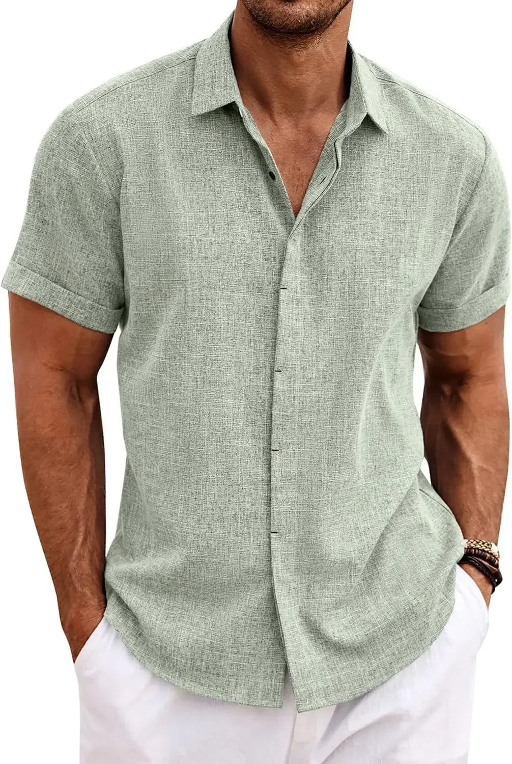 Chemise décontractée à manches courtes pour hommes, couleur unie, pull à boutons, lin, coton, confortable, haut quotidien, chemise de plage, d'été