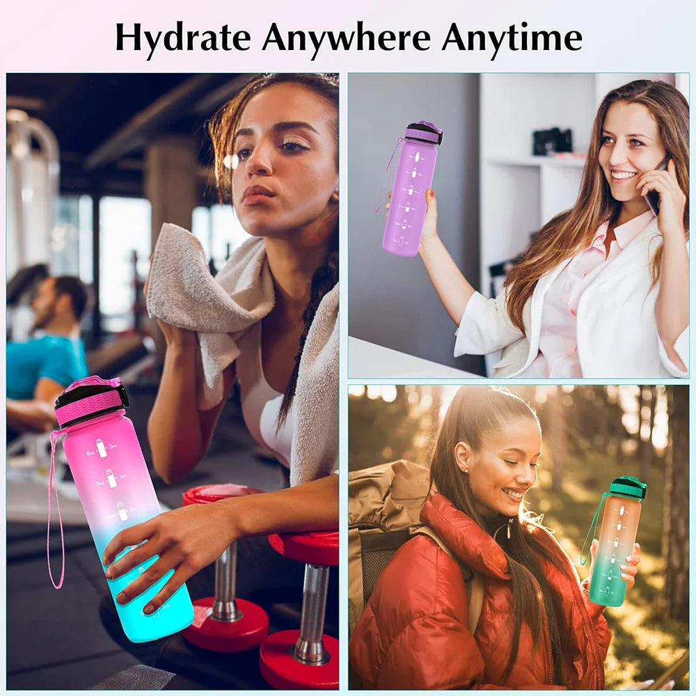 Bouteille d'eau de sport 1L avec paille, marqueur de temps, dégradé de couleur, bouteille de motivation, étanche, tasse d'eau potable pour étudiant en plein air