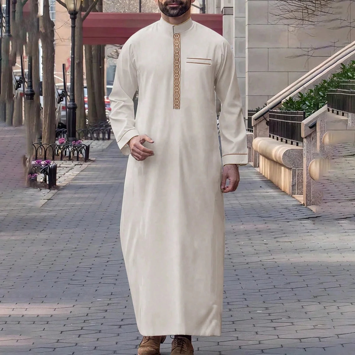 Nouvelle robe islamique musulmane pour hommes, thobe à manches longues, broderie classique, robe de style ethnique arabe, robe décontractée formelle pour hommes, robe de prière