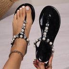 Sandales à diamants en forme de T pour femmes, sandales à bout plat, en PVC perlé, confortables et polyvalentes, nouvelle collection été 2026