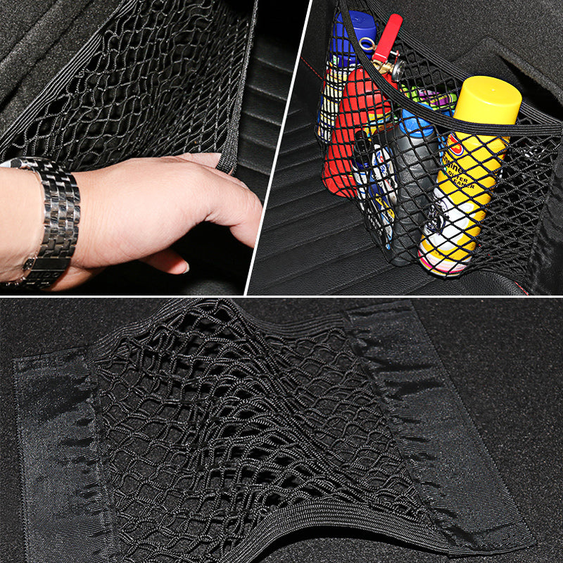 Filet de rangement pour coffre arrière de voiture, filet en maille pour siège, corde élastique, autocollant magique, sac de rangement universel, organisateur de poche pour voiture