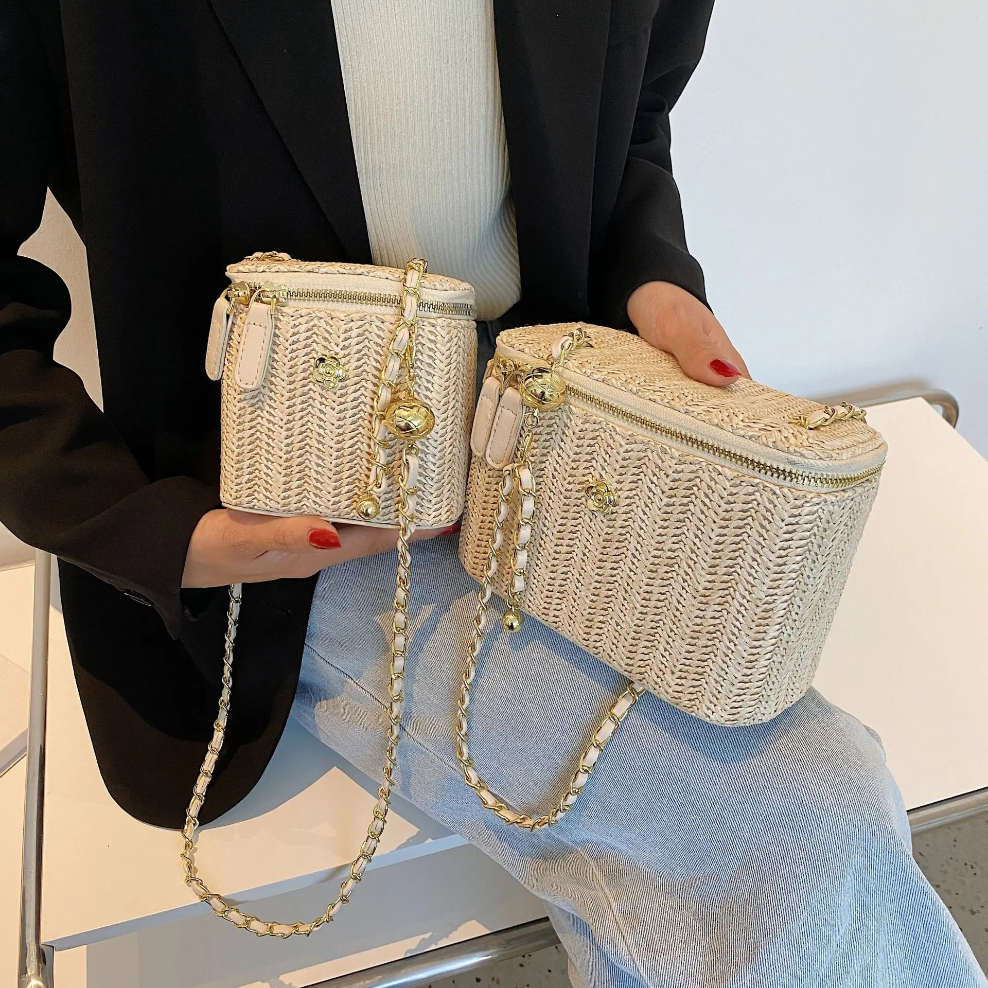 Mini sac à bandoulière seau en paille pour femmes, sacs à main et bourses de marque tissés avec chaîne à la mode, sacs à bandoulière simples, été 2026