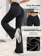 Leggings noirs de printemps taille haute, extensibles, coupe large, légèrement évasés, avec design de taille croisée, pour le sport décontracté, pantalon long