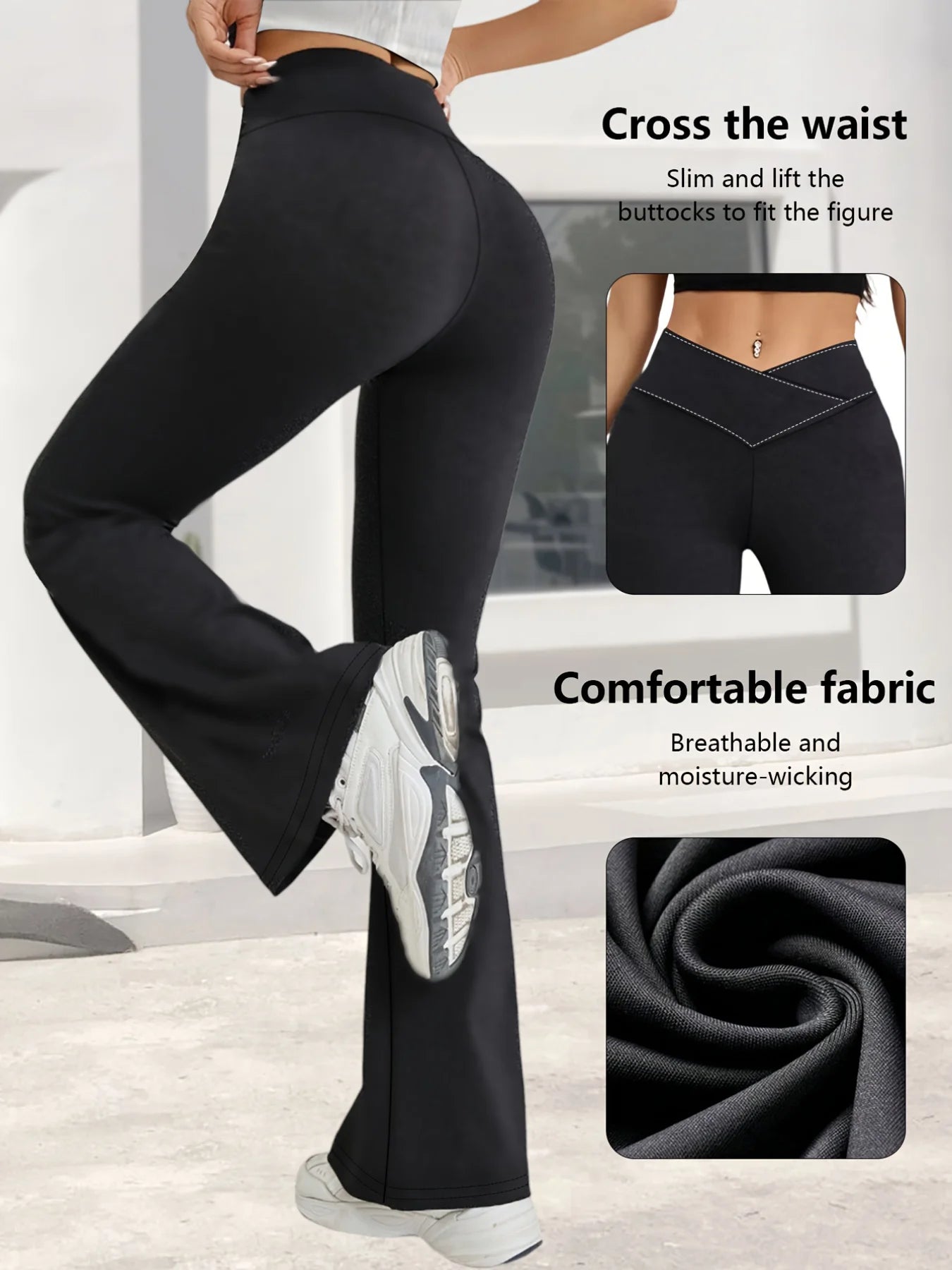 Leggings noirs de printemps taille haute, extensibles, coupe large, légèrement évasés, avec design de taille croisée, pour le sport décontracté, pantalon long