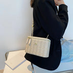 Mini sac à bandoulière seau en paille pour femmes, sacs à main et bourses de marque tissés avec chaîne à la mode, sacs à bandoulière simples, été 2026