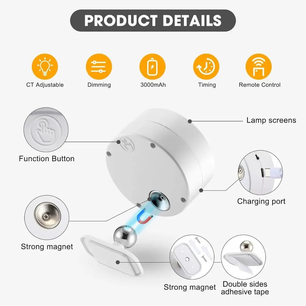 Applique murale LED magnétique, lumières magnétiques à intensité variable, 360 °   Lampe de nuit de projecteur d'armoire de télécommande tactile de rotation