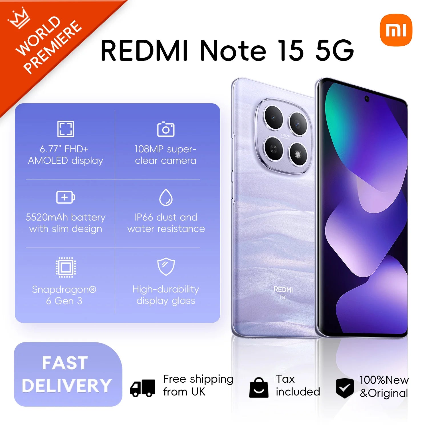 Xiaomi Redmi Note 15 5G 8+256GB Version Globale Snapdragon ®   Plateforme mobile 6 Gen 3, écran 6,77 pouces 120 Hz, appareil photo 108 MP, 5520 mAh, 45 W