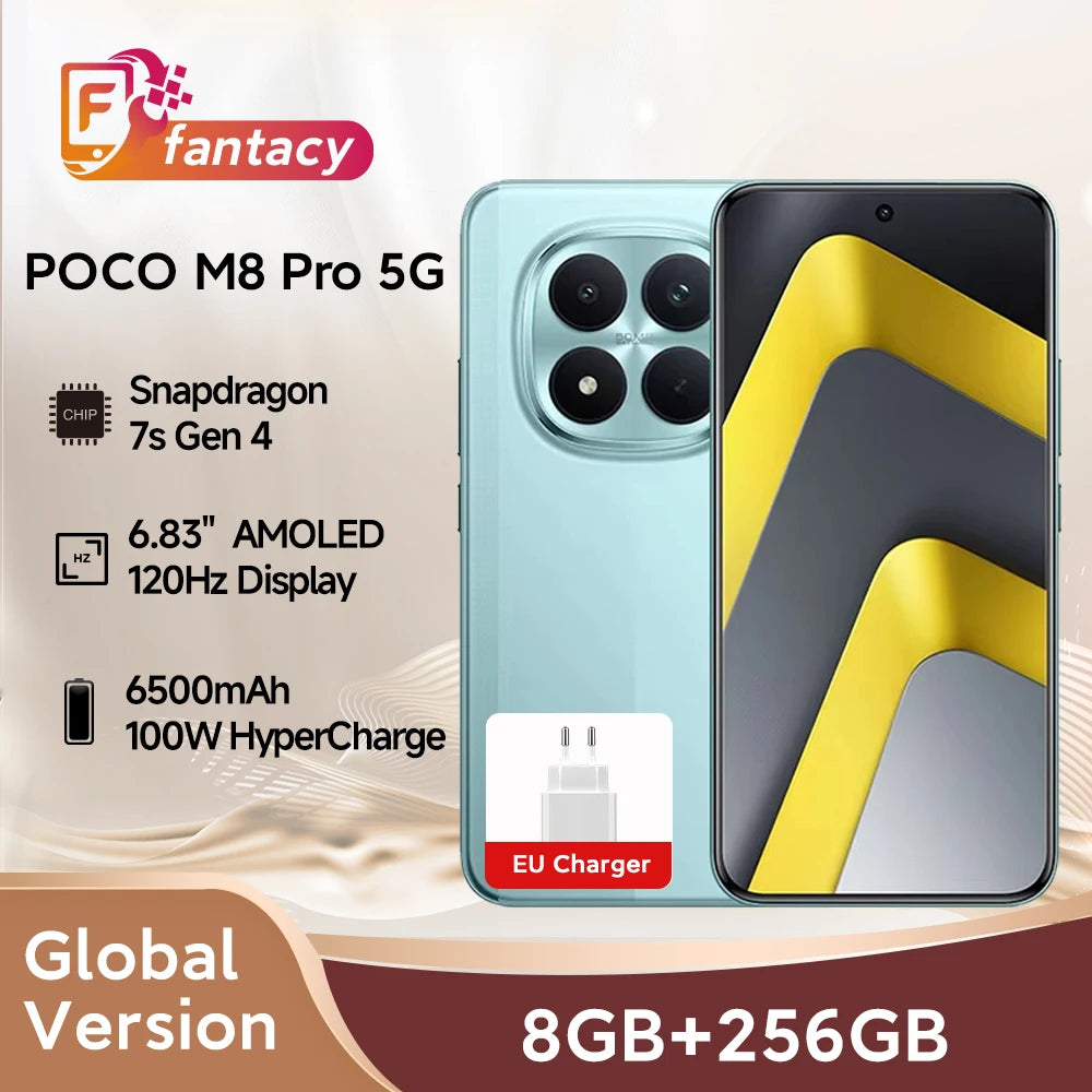 Nouveau smartphone POCO M8 Pro 5G version globale, Snapdragon 7s Gen 4, HyperCharge 100W, 6500mAh, écran 6,83 pouces 1,5K, NFC