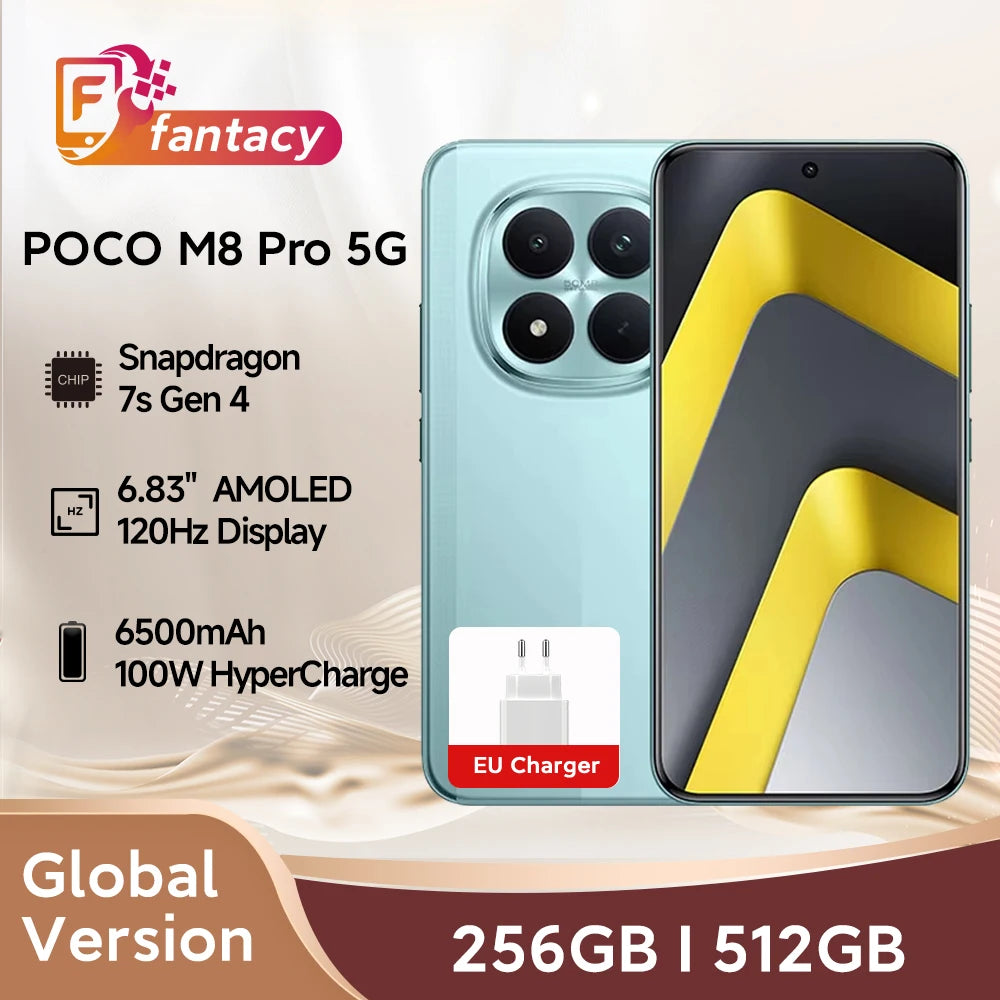 Nouveau smartphone POCO M8 Pro 5G version globale, Snapdragon 7s Gen 4, HyperCharge 100W, 6500mAh, écran 6,83 pouces 1,5K, NFC