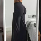 Pantalons de yoga pour femmes à taille haute et jambes larges, couleur unie, ceinture élastique, tissu confortable pour la remise en forme en plein air